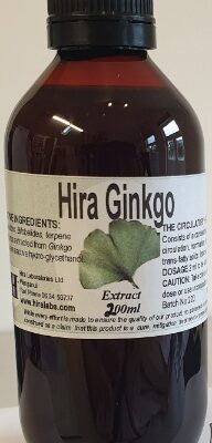 An amber bottle contains 200ml of Ginkgo biloba extract