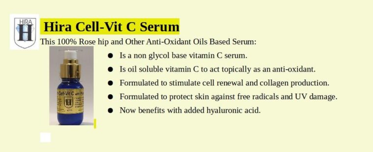 Cell-Vit C Serum A banner depicts an image of a bottle contains 45ml skin care lotion and describes the benefits of that lotion